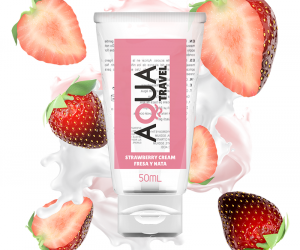 AQUA TRAVEL – LUBRICANTE BASE AGUA SABOR FRESA Y NATA – 50 ML
